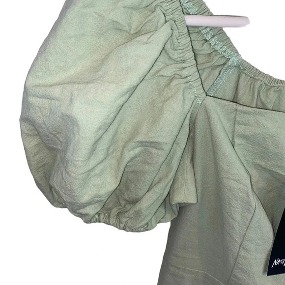 New Nasty Gal sage green puff sleeve Linen Look mini Cute Soft Girl Party Dress - Picture 6 of 8